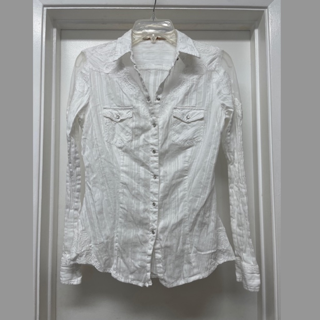 Guess White Blouse Embroidered Detail Mesh Trim Country Western Euc